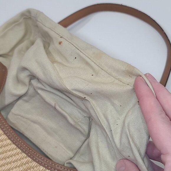 Fossil Woven Tan Shoulder Bag Leather Accents Striped Interior - Picture 7 of 11